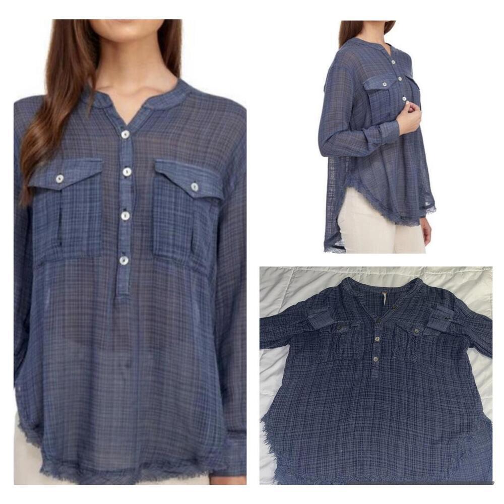 Free People $95 Gauze Blue Plaid Button-Up Womans Medium Shirt with Frayed Hem